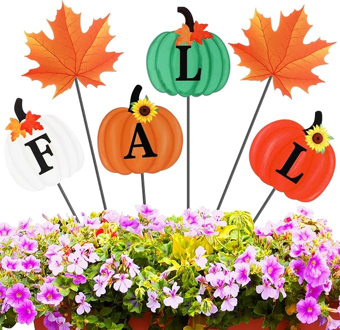 6 Pcs 12'' Thanksgiving Garden Stakes Pumpkin Scarecrow Maple Leaves Fall Metal Yard Sign Yard Stakes Outdoor Thanksgiving Decorations for Planter Lawn Patio Walkway Porch(Classic Style)