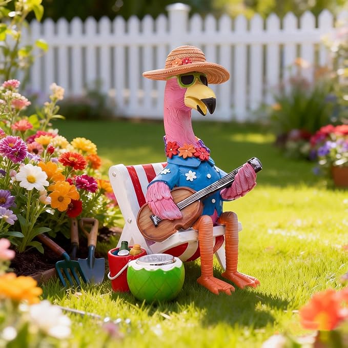 TERESA'S COLLECTIONS Pink Flamingo Garden Statues with Solar Garden Light for Outdoor Decor,Chill Hawaiian Relaxed Beach Tropical Resin Sculptures Garden Decor,Porch Yard Decor Gifts for Dad Mom,7.3"