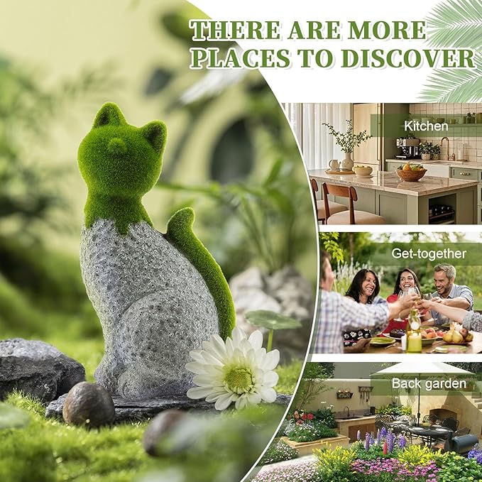 Cat Garden Statue with Flocked Animal Figurines Faux Green Covered Stones for Outdoor Decor, Perfect for Garden Statues and Figurines Outdoors