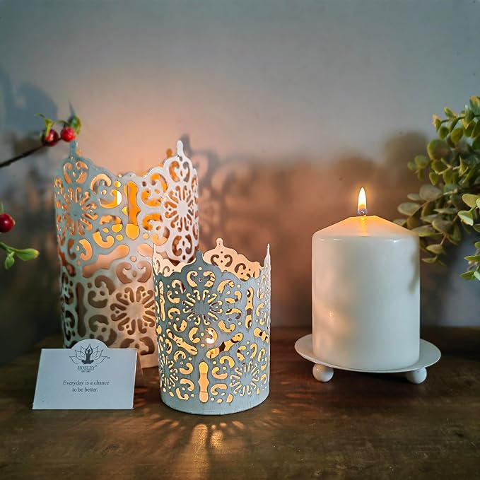 Hosley Set of 2 Whitewashed Iron Pillar Candle Holder Plates – 4-Inch Decorative Round Trays for Pillar Candles – Ideal for Weddings, Special Occasions, Home Décor, and Pedestal Displays