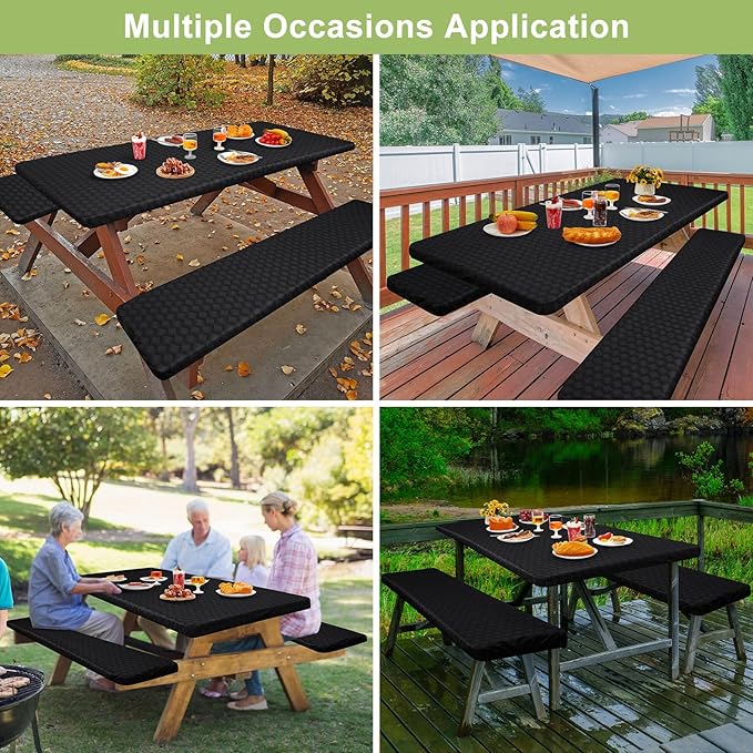 Picnic Table Cover with Bench Covers Camping Essentials Waterproof Windproof Camping Tablecloth with Drawstring Bag, Fitted Rectangle Tables and Seats, 72in, Black