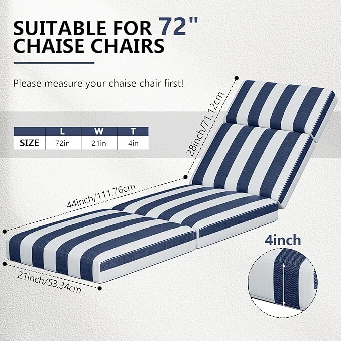 Chaise Lounge Cushions Outdoor, 72 x 21 x 4 Inch Lounge Chair Cushions for Outdoor Furniture - Waterproof Lounge Patio Replacement Cushion, 4In Fade-Resistant ThickPatio Chaise Lounge Cushion