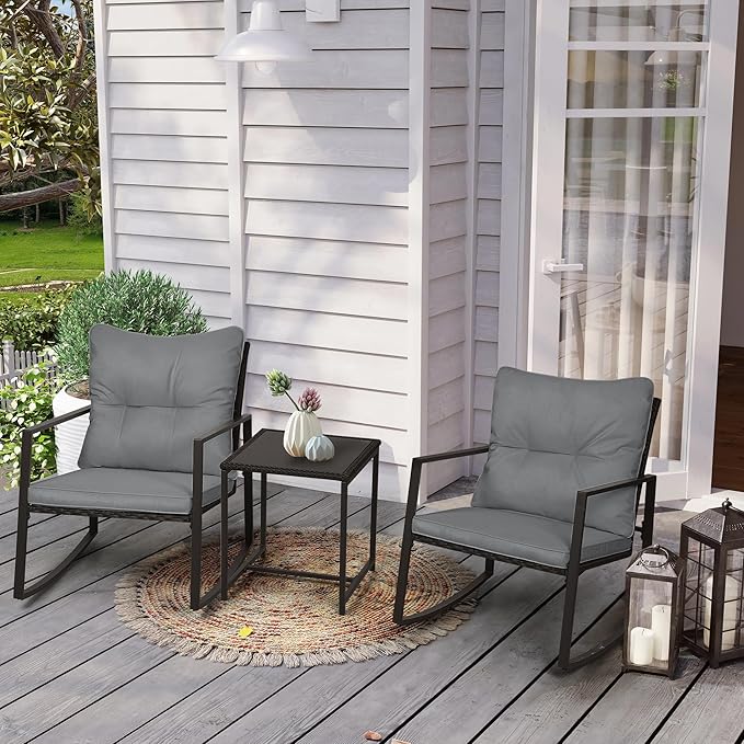 SUNCROWN 3 Piece Outdoor Rocking Bistro Set Black Wicker Furniture Porch Chairs Conversation Sets with Glass Coffee Table, Dark Grey