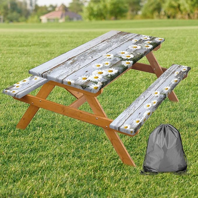 Picnic Table Cover with Bench Cover, Outdoor Patio Camping Essentials Farmhouse Daisy Wooden Table Covers with Elastic Waterproof Camping Tablecloth with Drawstring Bag, 60In 3PCS