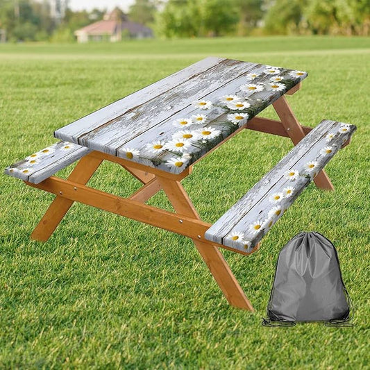 Picnic Table Cover with Bench Cover, Outdoor Patio Camping Essentials Farmhouse Daisy Wooden Table Covers with Elastic Waterproof Camping Tablecloth with Drawstring Bag, 72In 3PCS