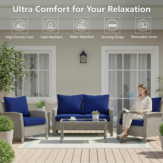 24x24 Inch Outdoor Chair Cushions Set of 4, Patio Furniture Cushions - Removable Cover, Water-Repellent, Fade-Resistant, Non-Slip Bottom & Straps, Replacement for Deep Seat Sofa & Couch - Navy