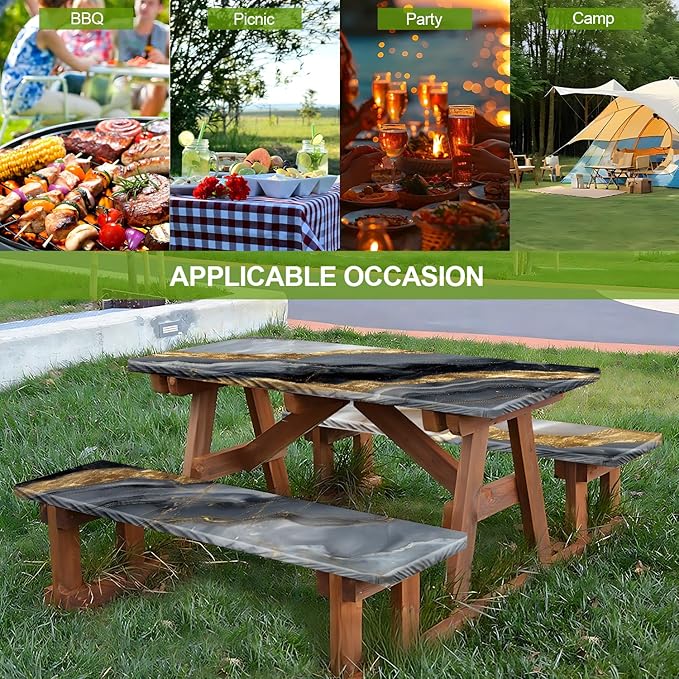Picnic Table Cover with Bench Covers Set of 3 - Luxurious Black Gold Marble Glam Tablecloth, Elastic Fitted for 6 Ft Tables, Washable Polyester Cover for Patio, Indoor & Outdoor