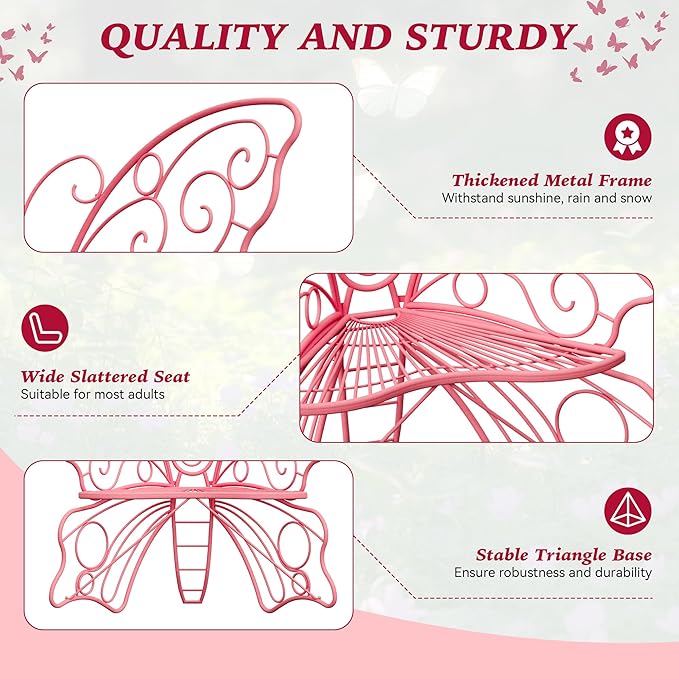 36 Inch Outdoor Bench, Cute Garden Bench with Metal Frame, Weatherproof Butterfly Front Porch Benches for Lawn, Garden, Yard, Balcony, Pink