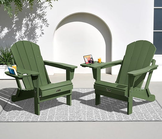 SERWALL Foldable Adirondack Chair Set of 2, Adirondack Chairs with 4 in 1 Cup Holder, Weather Resistant Plastic Chair for Patio Garden Outdoors Fire Pit Chairs - Avocadogreen