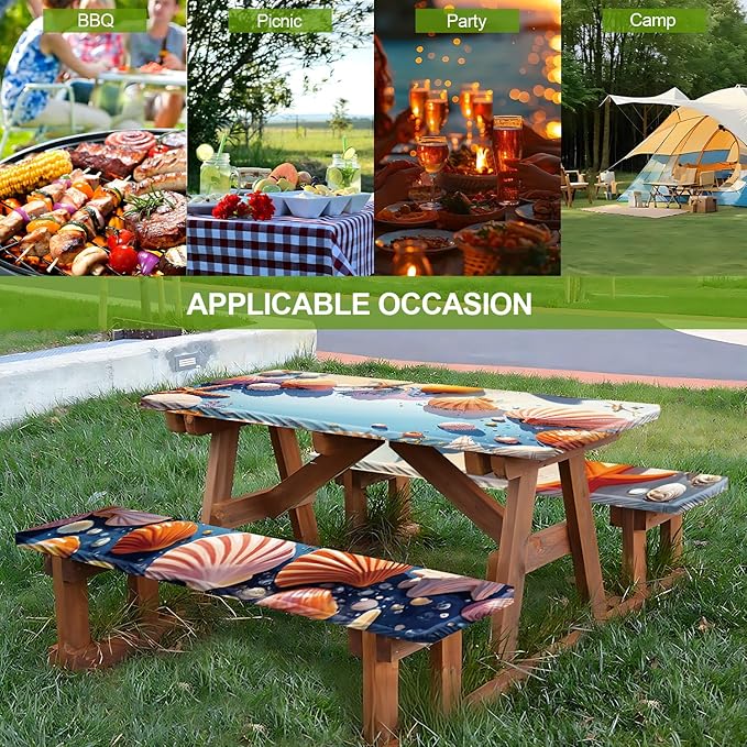 Coastal Picnic Table Cover with Bench Covers Set of 3 - Ocean Theme with Starfish & Shells Print, Elastic Fitted Tablecloth for 6 Ft Tables, Washable Polyester Cover for Patio, Indoor & Outdoor