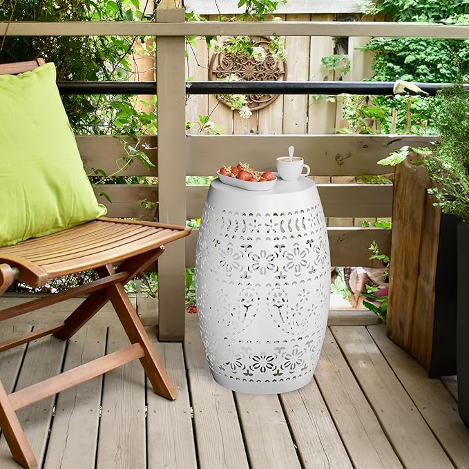 Outdoor Accent Iron Side Table,9.4" Steel Patio End Table, Round Hollow Drum Patio Garden Stool,Round,Iron Decorative Garden Stool,for Indoor and Outdoor,White