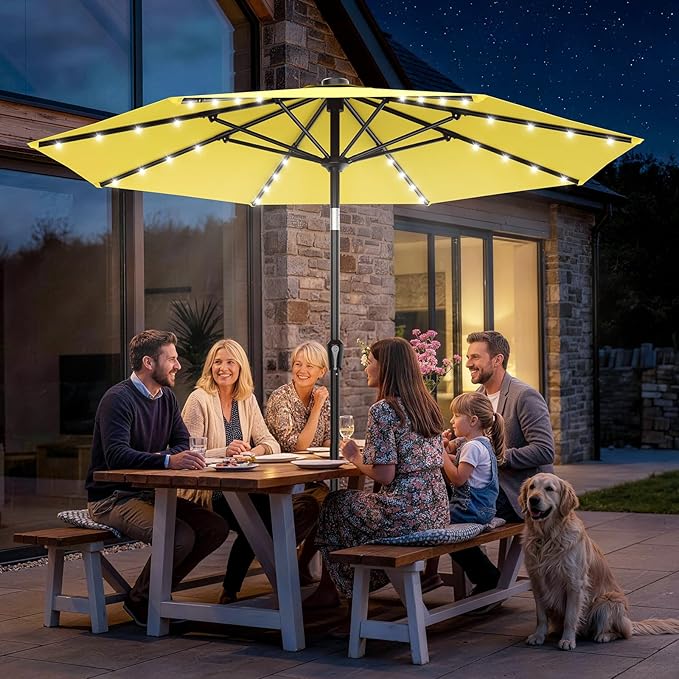 AreShark 9FT Patio Umbrella with Solar Lights, 32 LED Lighted Pool Umbrella w/Tilt and Crank, Outdoor Market Solar Umbrellas for Garden, Deck, Backyard, Pool and Beach, Yellow