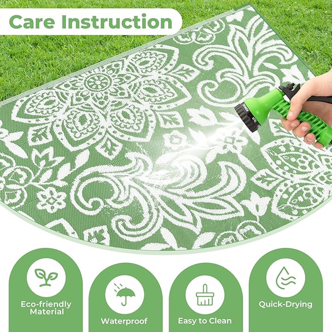 Findosom Waterproof Outdoor Rug 6' x 9' - Reversible Mandala Outdoor Plastic Straw Rug, Durable Foldable Patio Rug for RV, Deck, Balcony, Backyard, Picnic, Porch, Camping, Beach, Green