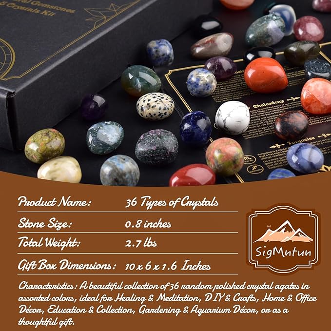 Polished Healing Crystal Stones Set, 36 Different Natural Gemstone Types, 2.5 lbs of 0.8" Tumbled Decorative Rocks Collection for Chakra, Meditation, Reiki, Energy Work, Crafts, Gifts