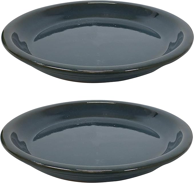 Sunnydaze 9-Inch Ceramic Plant Saucers - Plant Drip Trays for Outdoor Planter Flower Pot Drainage - Set of 2 - Forest Lake Green