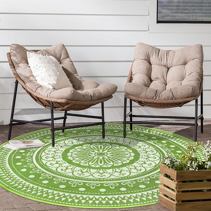 Cekene Round Outdoor Rugs Waterproof 8Ft Reversible Outdoor Patio Rugs Portable RV Camping Mats Lightweight Plastic Straw Rugs Outdoor Area Rug for Patio Picnic Beach BBQ, Black/Camel