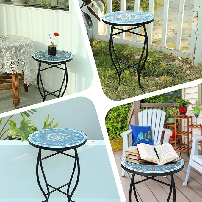 VCUTEKA Mosaic Outdoor Side Table, 14" Round Small Patio Accent Table Indoor End Table for Yard, Garden, Living Room, Bistro Balcony or Lawn