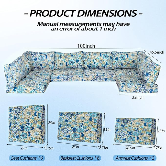 Patio Furniture Cushions,14Pieces Water-Resistant Outdoor Replacement Cushions,Sectional Sofa Cushions for Fits 6-Seats Rattan Wicker Patio Conversation Sets(Moroccan Style)