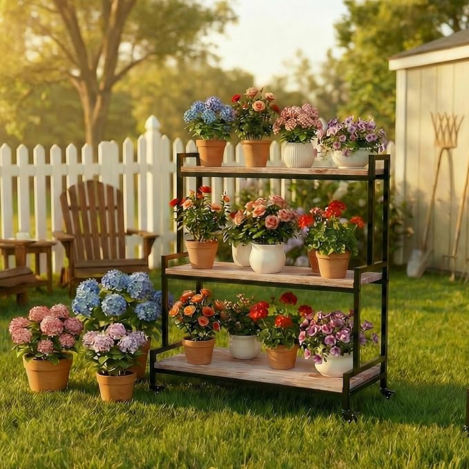 Flower Cart Display Stand with Wheels - Solid Wooden Plant Stand Shelf Outdoor - 3 Tier Patio Rolling Flower Stand - Ladder Folwer Holder Stand 37''x31'' for Florist, Garden, Wedding, Living Room, Cement Color
