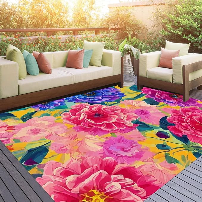Modern Floral 6x9 Outdoor Area Rug Contemporary Aesthetic Green Purple Pink Flower Texture Rug for Balcony Patio Deck Porch Washable Reversible Garden Large Carpet Waterproof Backyard Mat