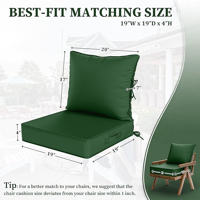 Outdoor Seat Cushion Set 19 L × 19 W × 4 H Inch Waterproof & Fade Resistant Patio Furniture Cushions with Removable Cover with Handle and Straps for Sofa Chairs, Chairs