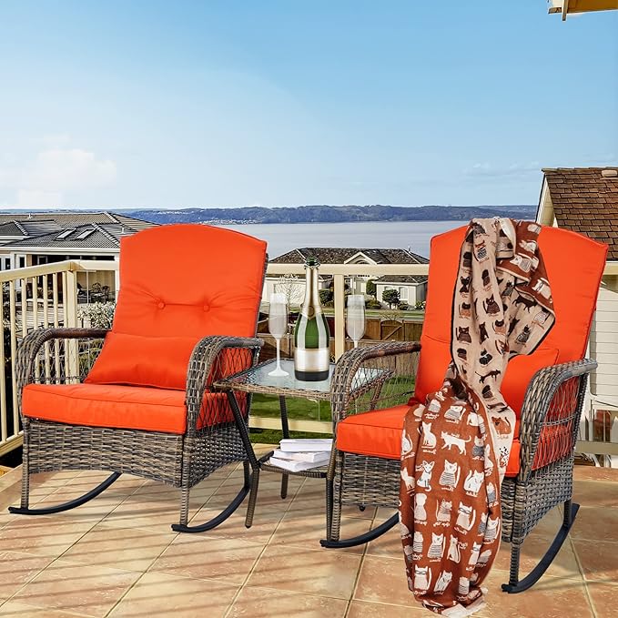 Wicker Rocking Chairs Set of 2, Rattan Patio Rocking Chairs, All-Weather Rocking Lawn Wicker Furniture for Porch Deck Garden Backyard(Red)