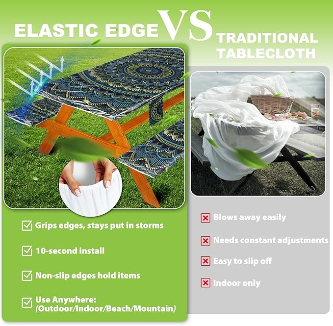 Picnic Table Cover with Bench Covers Vinyl Elastic Edges Fitted Rectangle Seat Tables Waterproof 3-Piece72X30in Set Outdoor Rectangular Folding Backing Tablecloth for Camping Over Size