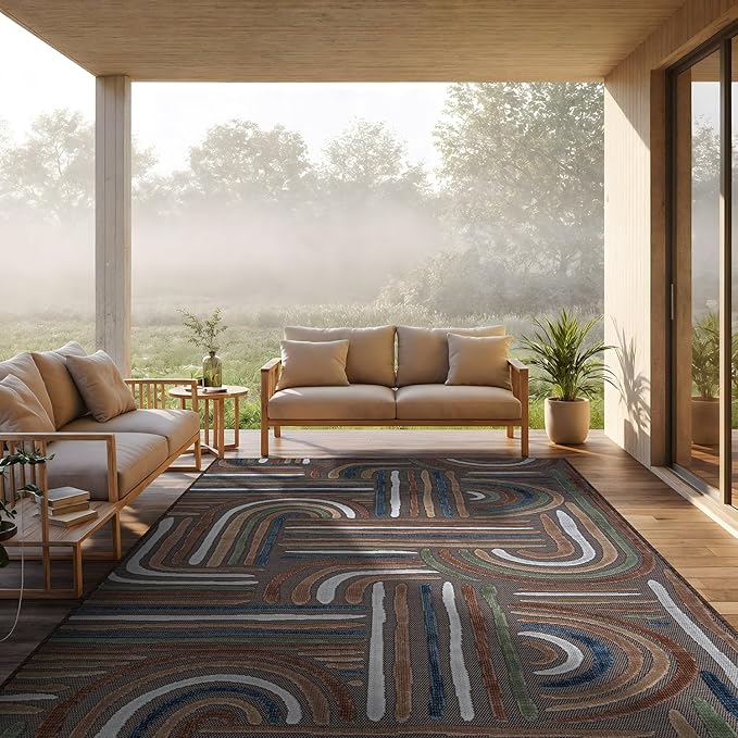 CAMILSON Indoor Outdoor Rug, Brown 6x9 Geometric Arch Striped Area Rugs for Patio and Home Areas, Easy-Cleaning Non-Shedding Living Room, Garden and Deck Washable Outside Carpet (6 x 9)