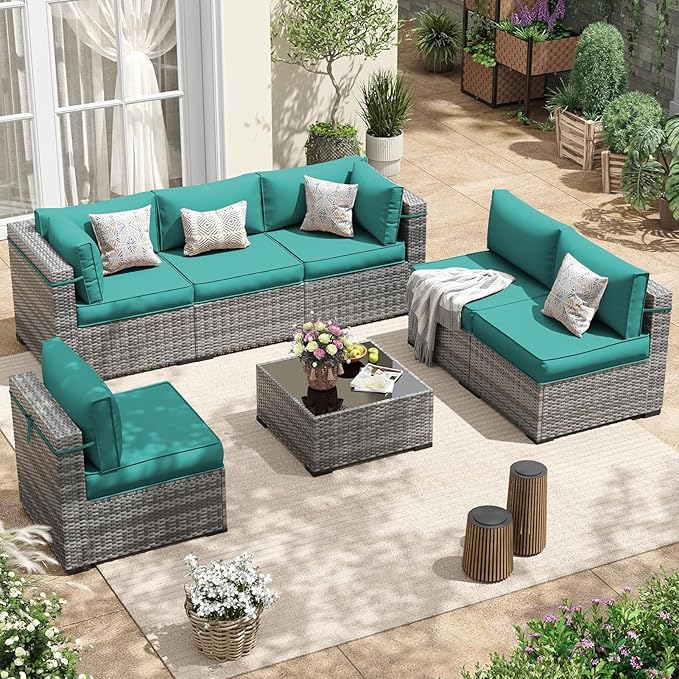 Patio Sectional Cushions, 14-Piece Replacement Cushions for Outdoor Furniture, Water-Resistant Outdoor Sofa Cushion for 6-Seat Rattan Wicker Sectional Conversation Sets (Turquoise)