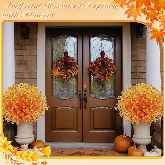 Yunlly 2 Pcs Outdoor Artificial Topiary Ball Trees 22" with Colorful Flowers, Boxwood Fake Bushes Shrubs with Spike, UV Resistant Evergreen Plants for Front Porch Garden Decor (Fall Orangeyellow)