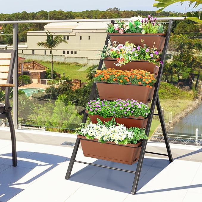 S AFSTAR 5-Tier Vertical Garden Planter, 5-Layer Raised Garden Bed with 5 Detachable Planter Boxes & Metal Frame, Indoor Outdoor Elevated Planting Containers for Flower Vegetables Fruit Herbs