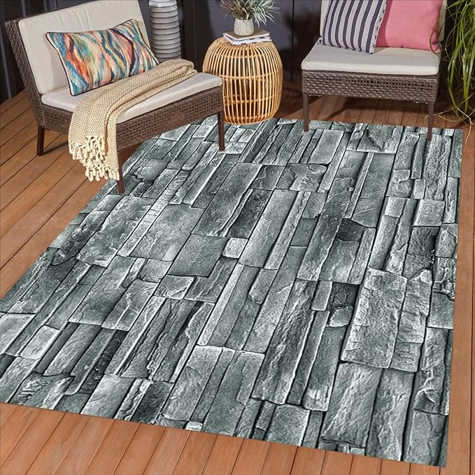 Dark Gray Old Rock Stone Texture Outdoor Waterproof Area Rug for Patio Porch Deck Garden Farmhouse Camping Rustic Stone Wall Outside Rugs 10x12 Washable Large Carpet Balcony Front Yard Non Slip Mat