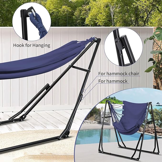 Ainfox Hammock with Foldable Stand, 2 in 1 Hammock and Swinging Chair with Carrying Bag, Portable Camping Chair Suitable for Outside, Swing,Patio,Garden,Camping Trip Blue