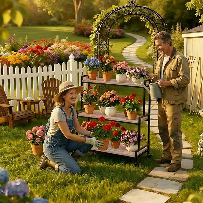 Flower Cart Display Stand with Wheels - Solid Wooden Plant Stand Shelf Outdoor - 3 Tier Patio Rolling Flower Stand - Ladder Folwer Holder Stand 37''x31'' for Florist, Garden, Wedding, Living Room, Cement Color