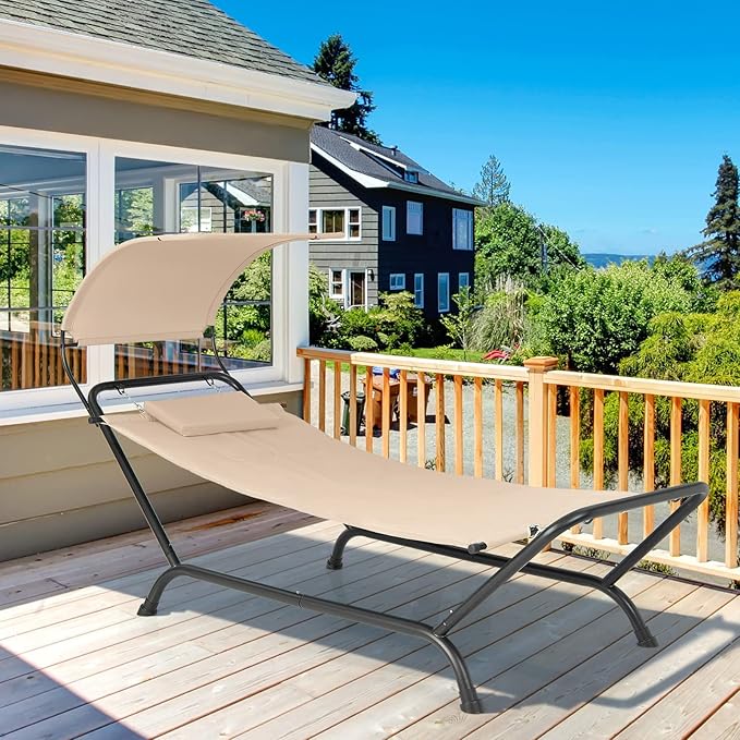 Giantex Hanging Hammock with Stand, Patio Hanging Chaise Lounge Chair w/Canopy, Cushion, Pillow & Storage Bag, Heavy Duty Swing Hammock Bed for Garden Lawn Backyard Patio Poolside Porch (Beige)