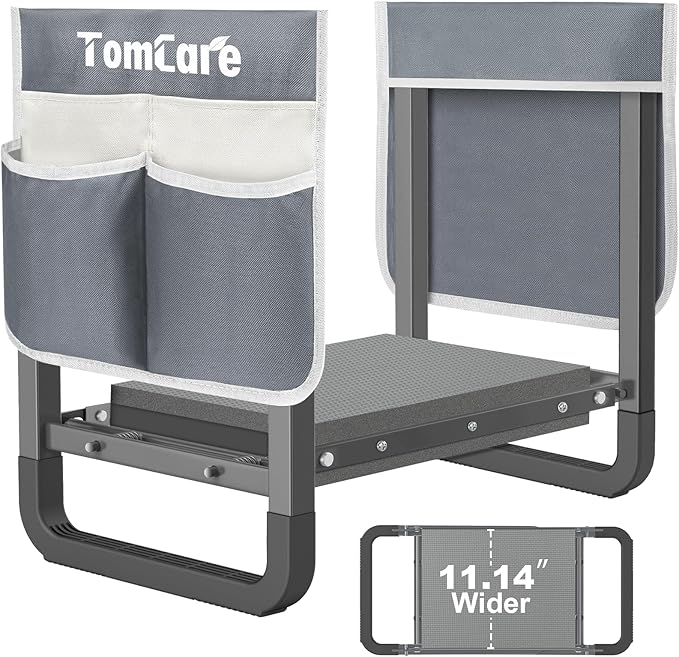 TomCare Garden Kneeler and Seat 11.14” Wider Larger Soft Kneeling Pad Garden Bench with 2 Large Tools Pouches Heavy Duty Foldable Garden Stool Gardening Gifts for Women Men Gardeners Seniors,Gray