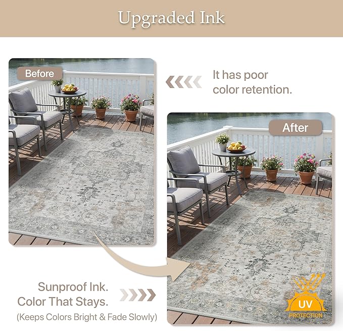 GENIMO Outdoor & Indoor Area Rug 8'x10', Waterproof, Non-Shedding, Easy Cleaning, Boho Mat for Patio, Living Room, Balcony, Dining Room, RV, Deck, Bedroom, Camping, Outside Carpet,Light Grey Brown