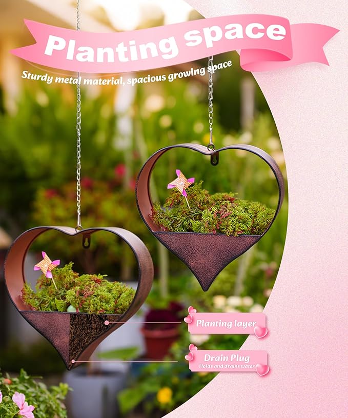 Metal Plant Hangers Indoor and Outdoor: Valentines Day Gifts for Her Wife Women Mom Garden Lovers Birthday - Heart Shape Hanging Planters for Window Wall Living Room Office Decor(2 Pack)