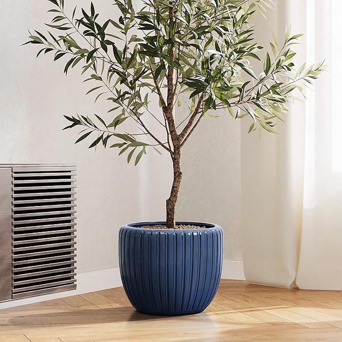 LuxenHome 11" Dia Ceramic Pots for Indoor Plants, Outdoor Large Planters with Drainage Holes and Rubber Plug, Modern Decorative Glazed Flower Pots, Blue Ribbed Round Planters for Home Garden Patio
