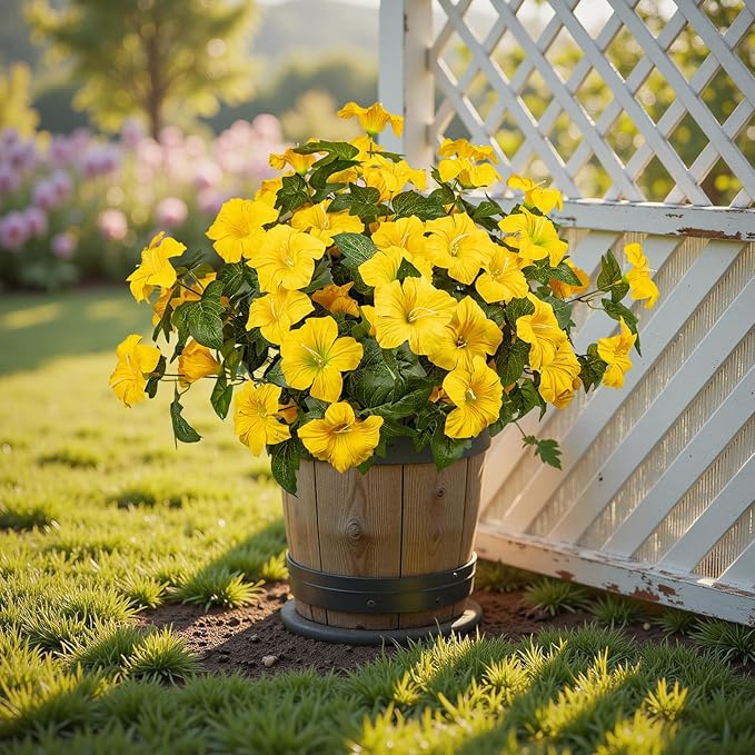 19 Inch Artificial Fake Flowers for Outdoor,4 Pcs Yellow Faux Silk Petunias Spring Flowers for Outside for Indoor Porch Planter Front Door Garden Patio Window Box Home Decor