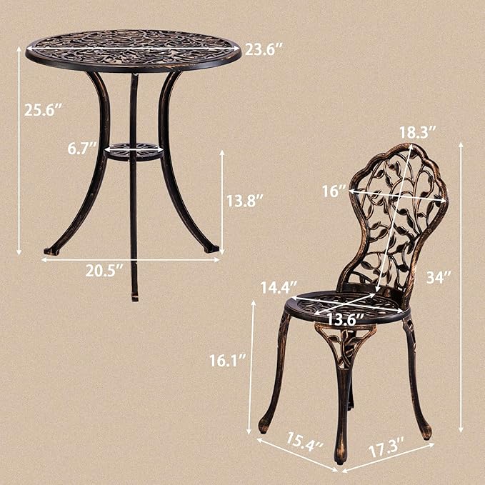 Outvita Patio Table and Chairs Set, Cast Aluminum Outdoor Cafe Table and Chairs Set of 3, Stability Patio Bistro Sets for Garden, Patio, Balcony, Leaf Pattern Bronze