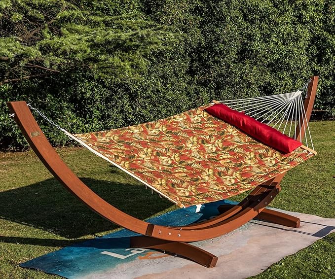 Lazy Daze Hammocks 12FT Quilted Fabric Hammock with Soft Pillow, Double 2 Person Tree Hammock with Spreader Bar for Outside Patio Poolside Backyard Beach, 450 lbs Capacity, Red Leaf