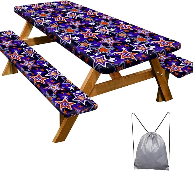 Picnic Table Cover with Bench Covers 6FT 3 Pcs Waterproof Windproof Aesthetic Camping Tablecloth with Drawstring Bag, Fitted for 6 Foot Rectangle Tables and Seats, 72 inch, Red Blue Stars