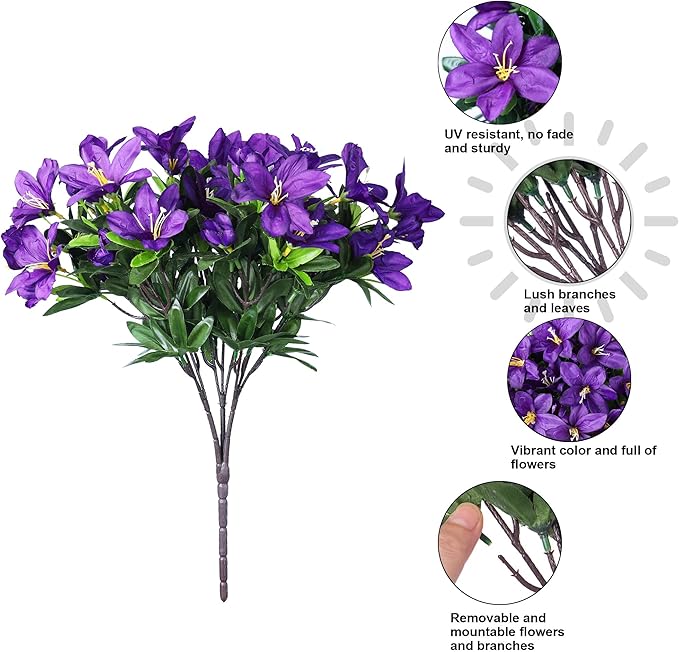 INSPRING Artificial Faux Plants Flowers for Outdoors Spring Decor,3 Bundles Realistic Outside Fake Silk Azalea UV Resistant Outdoor Artificial Flowers for Planter Porch Patio Garden Home, Dark Purple