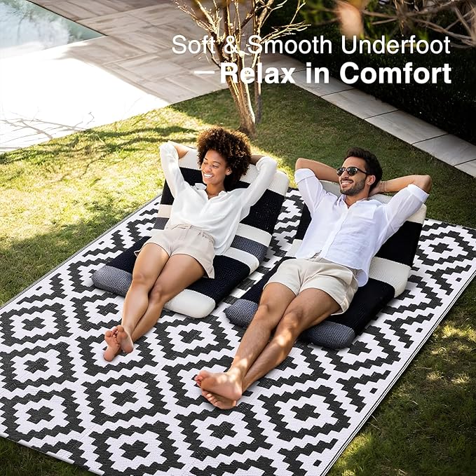 OLANLY Waterproof Outdoor Rug 5x8 ft, Outdoor Plastic Straw Rug for Camping, RV Mat Outside, Indoor Outdoor Carpet for Porch, Deck, Backyard, Balcony, Picnic, Black & White