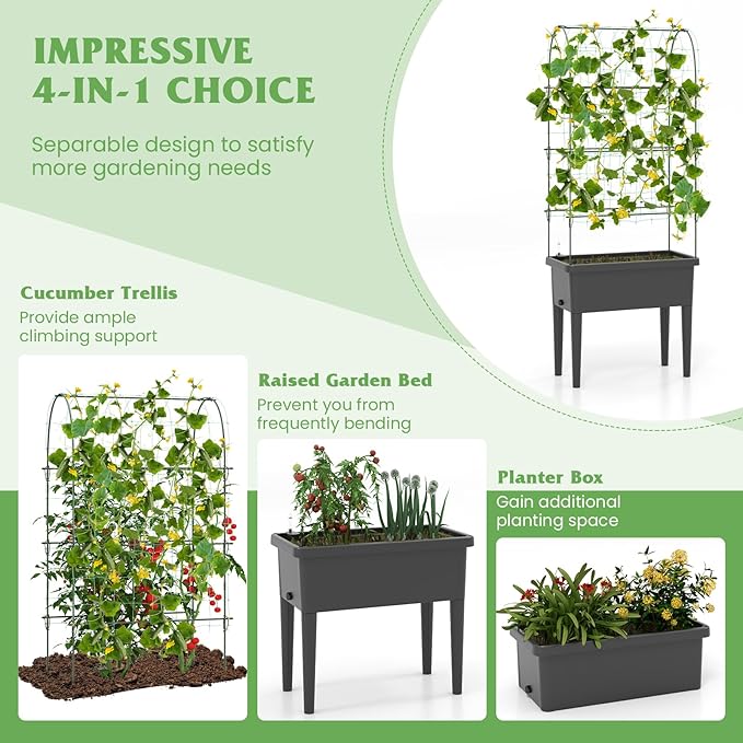 Happygrill Raised Garden Bed with Trellis, 4 in 1 Self-Watering Planter w/Water Level Observer, Drainage Holes, Climbing Net & Detachable Legs, Garden Cucumber Planter for Vegetables Flowers