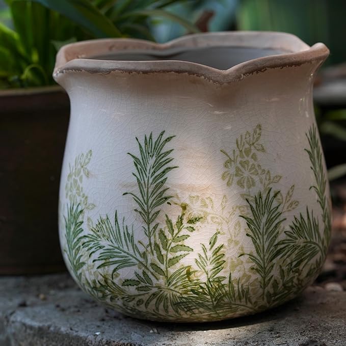 Rustic Ceramic Planter, 6 Inch Tuscan Vintage Flower Pot with Drainage, Farmhouse Garden Pot for Indoor Plants, Kitchen & Garden Tuscan Decor, Plant Lover Gift (Grass Green)
