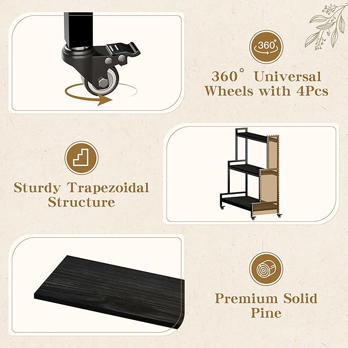 Flower Cart Display Stand with Wheels - Solid Wooden Plant Stand Shelf Outdoor - 3 Tier Patio Rolling Flower Stand - Ladder Folwer Holder Stand 37''x31'' for Florist, Garden, Wedding, Living Room, Black