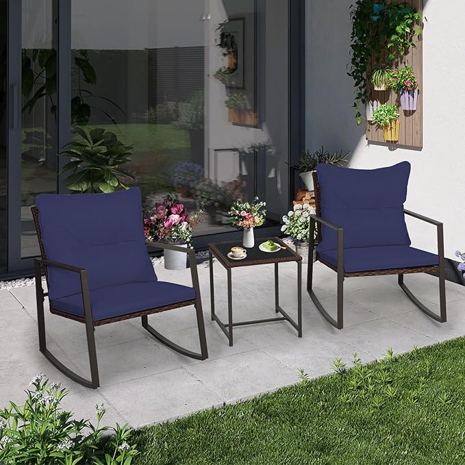 SUNCROWN 3 Piece Outdoor Rocking Bistro Set Brown Wicker Furniture Porch Chairs Conversation Sets with Glass Coffee Table, Dark Blue