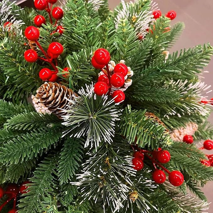 2 Pack Pre-lit Artificial Christmas Tree Urn Filler, Battery Operated Lighted Xmas Tree with Pinecones & Berries, Holiday Planter Filler Outdoor Waterproof Decor for Porch, Garden, Yard